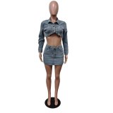 Stretch Denim Top And Skirt Two-piece Set
