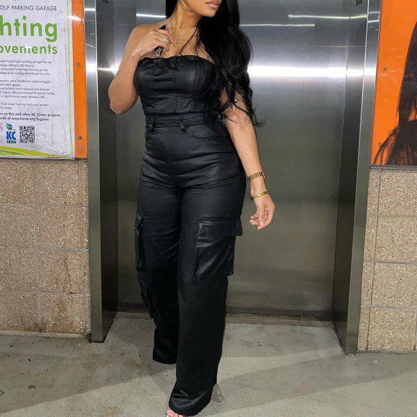 Sexy Off-shoulder Strapless PU Leather Jumpsuit