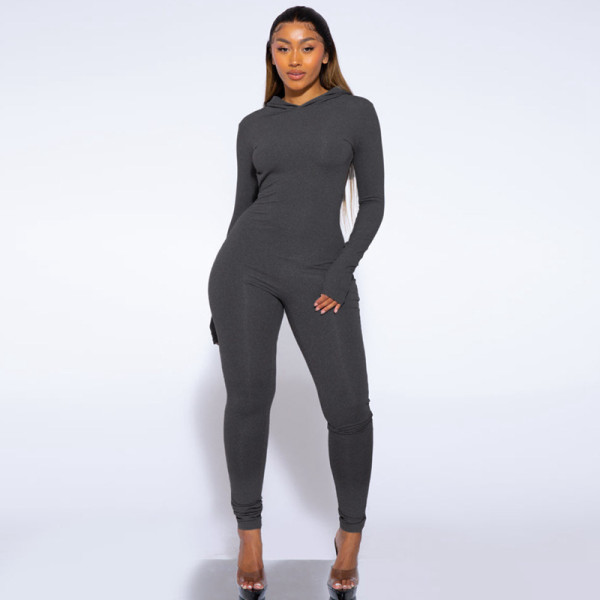 Solid Color Long Sleeve Hooded Backless Slim Fit Jumpsuit