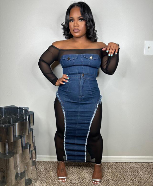 Sexy Mesh See-through Top Denim Hip Skirt Suit