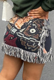 Stylish Colorful Pattern Fringed Velvet Miniskirt