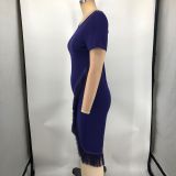 Solid Color Round Neck Short Sleeve Fringed Dress