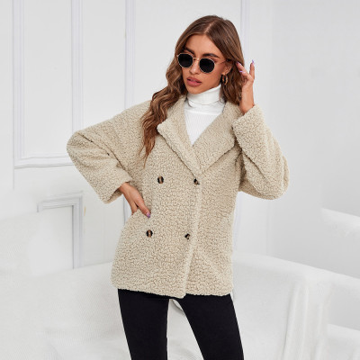 Winter Solid Color Lapel Cardigan Plush Fashionable Warm Jacket