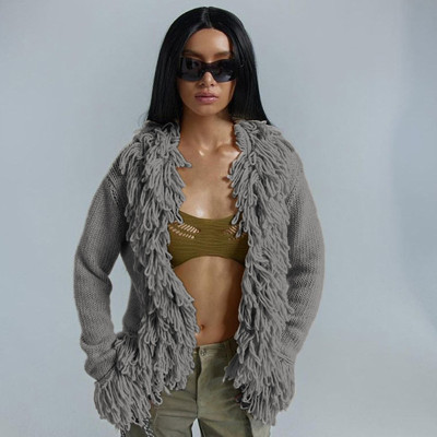 Knitted Fringed Solid Color Loose Long-sleeved Jacket