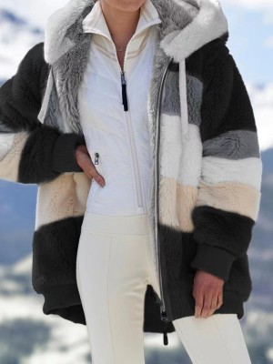 Winter Large Size Plush Loose Color Block Hooded Zipper Warm Jacket