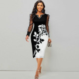 Sexy V-neck Printed Mesh Yarn Splicing Slim Bag Hip Dress