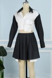 Autumn And Winter Fashionable Lapel Sexy Striped Pleated Skirt Two-piece Set