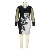 Sexy V-neck Printed Mesh Yarn Splicing Slim Bag Hip Dress