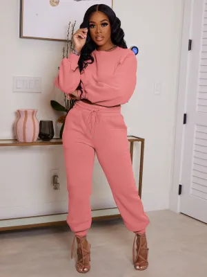 Solid Color Long-sleeved Sweatshirt Fashionable And Casual Large Size Two-piece Set