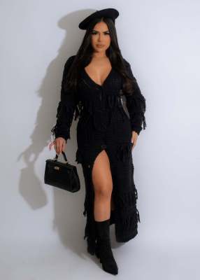 Fashionable Sweater Tassel Sexy V-neck Knitted Dress