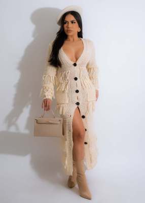 Fashionable Sweater Tassel Sexy V-neck Knitted Dress