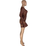 Stylish Striped Long-sleeved Shorts Two-piece Set