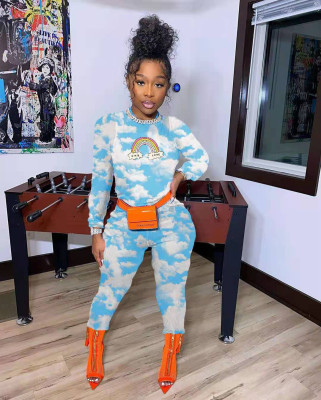Casual Blue Sky White Clouds And Rainbow Print Two-piece Set