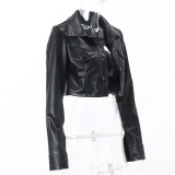 Lapel-breasted Button-down PU Leather Long-sleeved Cardigan Jacket