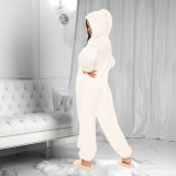 Solid Color Plush Ear Hooded Warm Home Jumpsuit