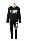 Letter Printed Round Neck Long Sleeve Two Piece Set