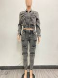 Fashionable And Sexy High-elastic Denim Casual Two-piece Set