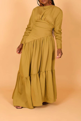 Solid Color Long Sleeve Pleated Loose Dress