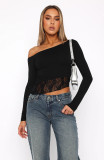 Solid Color Slim Fit Casual Lace Trim Long-sleeved T-shirt