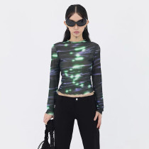 Water Wave Printed Round Neck Mesh Gauze Long Sleeve Top