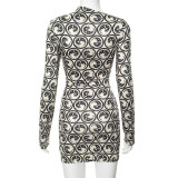 Digital Printed Long-sleeved Slanted V-neck Slim Dress