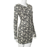 Digital Printed Long-sleeved Slanted V-neck Slim Dress