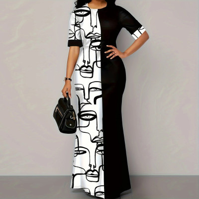 Elegant Pop Print Fashionable Slim Round Neck Dress
