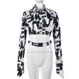 New Navel Exposed Extra Long Sleeve Printed Belt Top Shirt