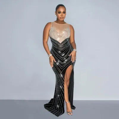 Fashion Women's Solid Color Round Neck Sleeveless Hot Diamond Dress