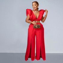 Fashion Solid Color Sexy V-neck Pleated Jumpsuit