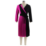 Stylish Color-blocked Strappy Pleated Elegant Dress