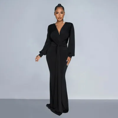Solid Color Sexy Deep V Pleated Fashion Dress