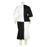 Black And White Contrasting Color Patchwork Beaded Top Fishtail Skirt Two-piece Set