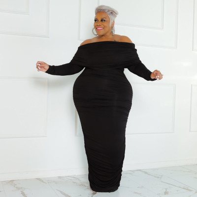 Solid Color One-line Collar Fashionable And Sexy Plus Size Dress