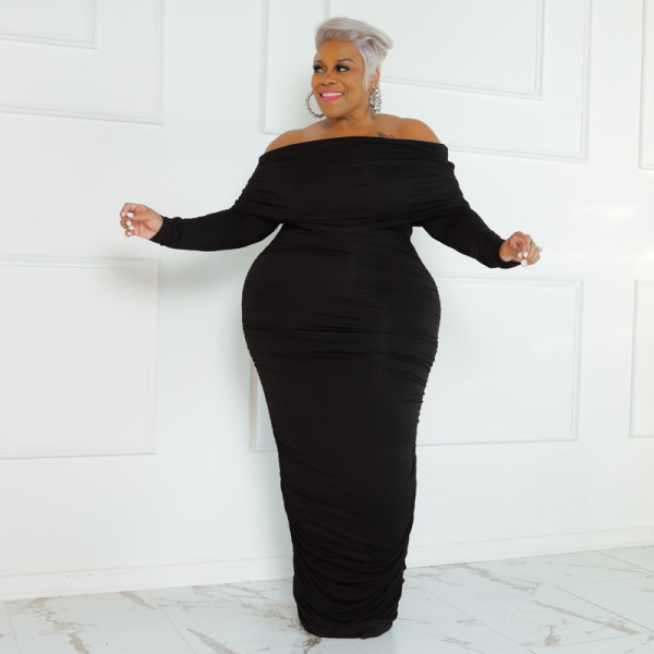 Solid Color One-line Collar Fashionable And Sexy Plus Size Dress