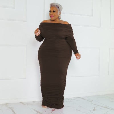Solid Color One-line Collar Fashionable And Sexy Plus Size Dress