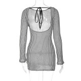 Fashionable Striped Print Sexy Backless Long-sleeved Slim Dress