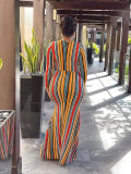 Long Sleeve Colorful Stripe Printed Slim Fit Women's Dress
