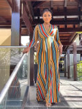 Long Sleeve Colorful Stripe Printed Slim Fit Women's Dress
