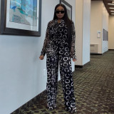 Printed Lapel Long-sleeved Shirt And High-waisted Trousers Casual Two-piece Set