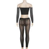 New Knitted Hollow Top High-waisted Tight Trousers Two-piece Set