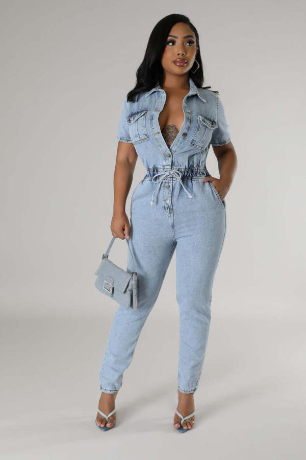 Elastic Waist Slim Fit Washed Denim Jumpsuit