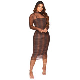 See-through Mesh Gauze Strap Printed Sexy Dress Two-piece Set