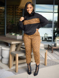 Leopard Print Long Sleeve Fashion Skinny Plus Size Two Piece Set