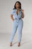 Elastic Waist Slim Fit Washed Denim Jumpsuit