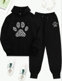 Autumn And Winter Casual Bear Paw Print Hooded Sweatshirt Two-piece Set