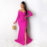 Nightclub V-neck Solid Color Large Slit Sexy Dress