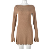 Sexy Solid Color Tight High Elastic Bell Sleeve Dress