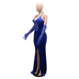 Strappy Halter Neck High Slit Solid Color Permed Diamond Dress