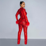Solid Color Mesh Yarn Feather Long-sleeved Trousers Two-piece Set